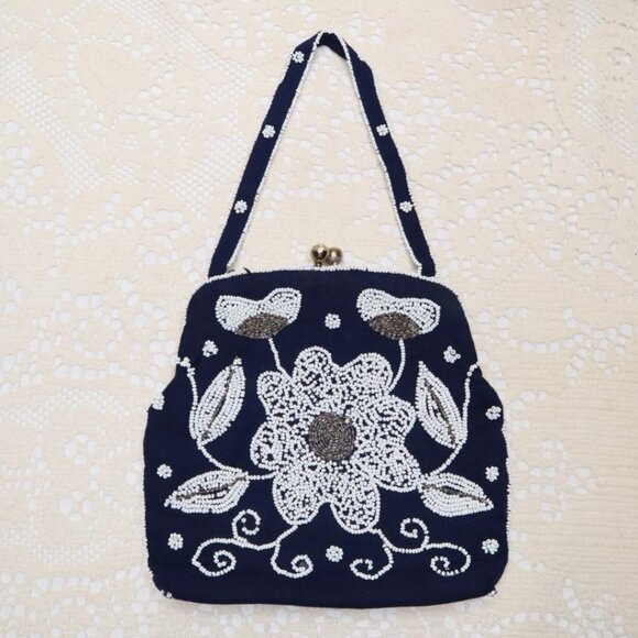Vintage Beaded Evening Bag: Navy Blue Floral Handbag, Rhinestone Clasp - Picture 1 of 11